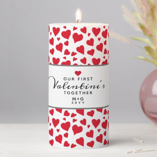 First Valentines Day Red Hearts Romantic Monogram Pillar Candle