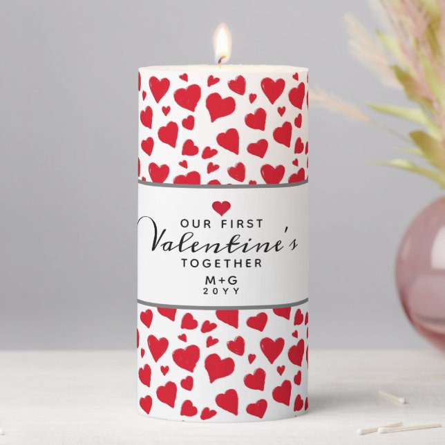 First Valentines Day Red Hearts Romantic Monogram Pillar Candle (In Situ)