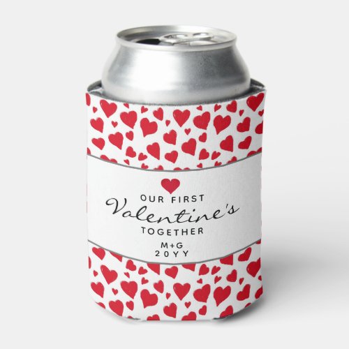 First Valentines Day Together Red Hearts Monogram Can Cooler