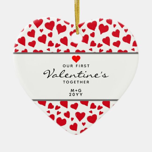 First Valentines Day Together Red Hearts Monogram Ceramic Ornament