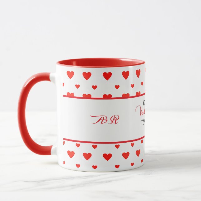 First Valentine's Day Together Red Hearts Monogram Mug (Left)