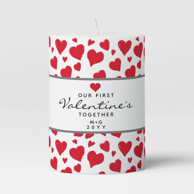 First Valentines Day Together Red Hearts Monogram Pillar Candle (Front)