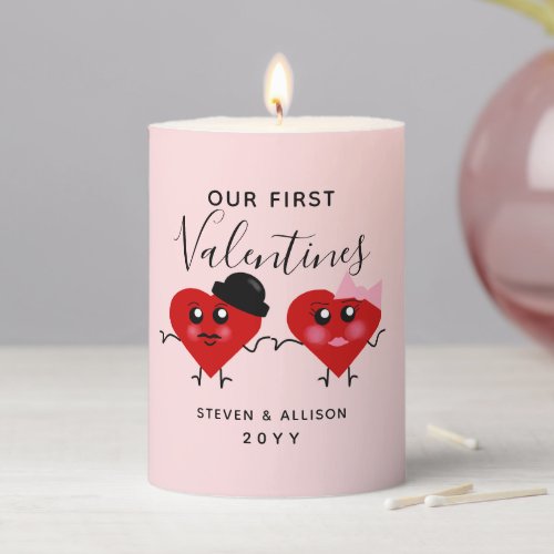 First Valentines Day Together Red Hearts Names Pillar Candle