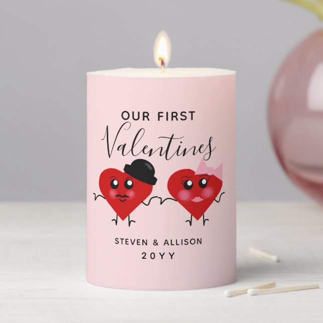 First Valentines Day Together Red Hearts Names Pillar Candle (In Situ)