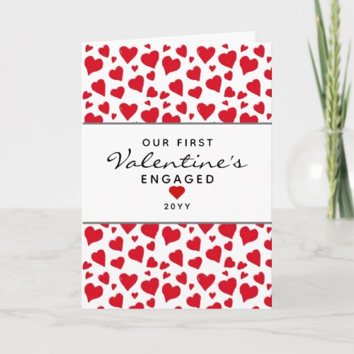 First Valentines Engaged Red Hearts Personalized Card