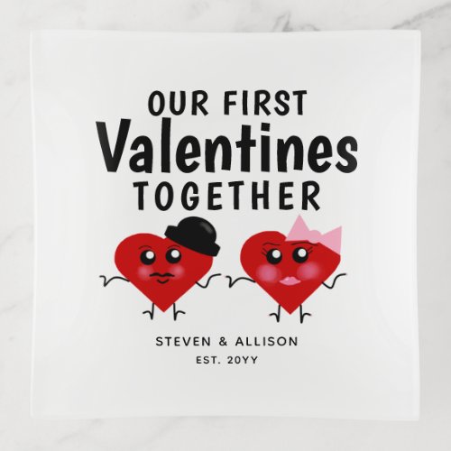 First Valentines Together Couples Cute Red Hearts Trinket Tray