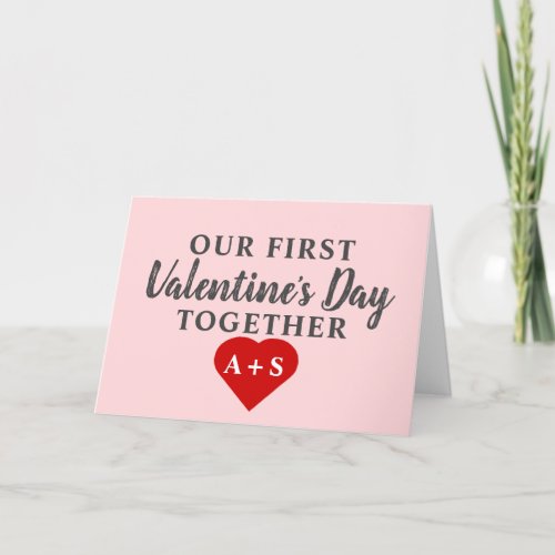 First Valentines Together Pink Red Heart Monogram Holiday Card