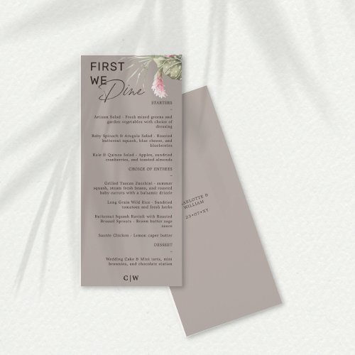 First We Dine Taupe Tropical Floral Wedding Menu
