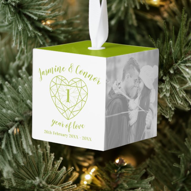 First Wedding Anniversary custom photo peridot Cube Ornament (Tree)