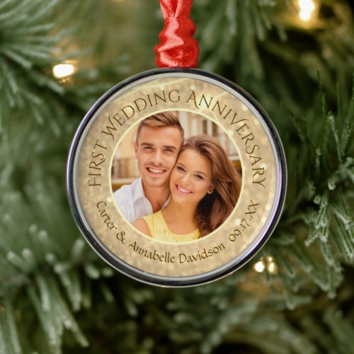 First Wedding Anniversary  Gold Sparkle Photo Metal Ornament