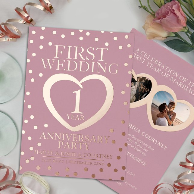 First wedding anniversary party pink rose gold foil invitation (Creator Uploaded)