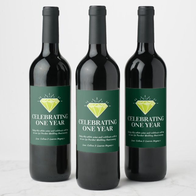First wedding anniversary peridot green favor wine label (Bottles)