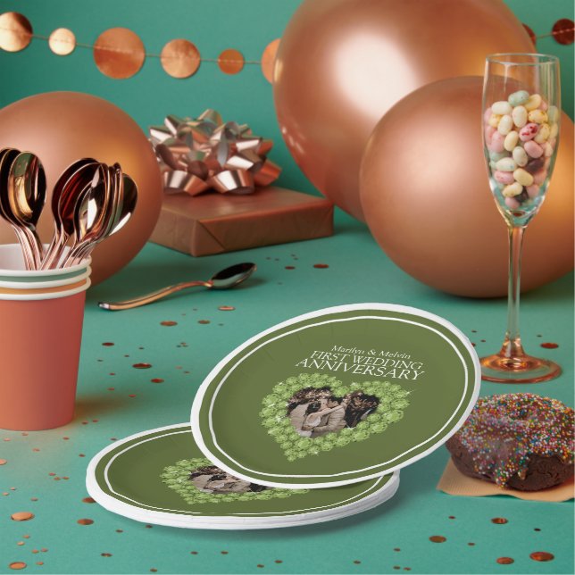 First wedding anniversary photo heart peridot  paper plates (Multi)
