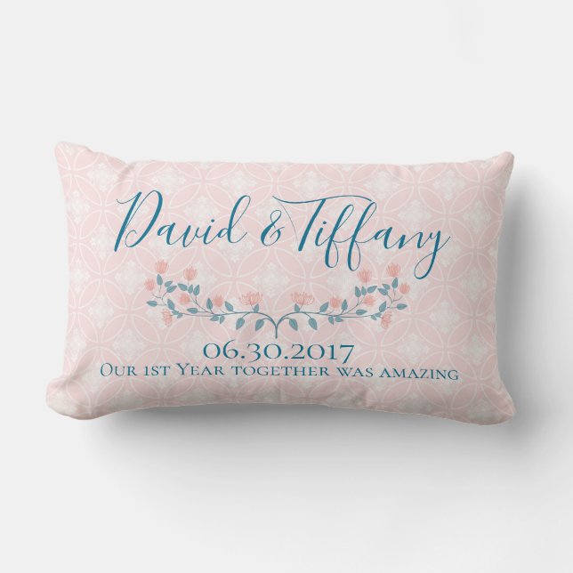 First Wedding Anniversary Pink and Blue Lumbar Pillow (Front)