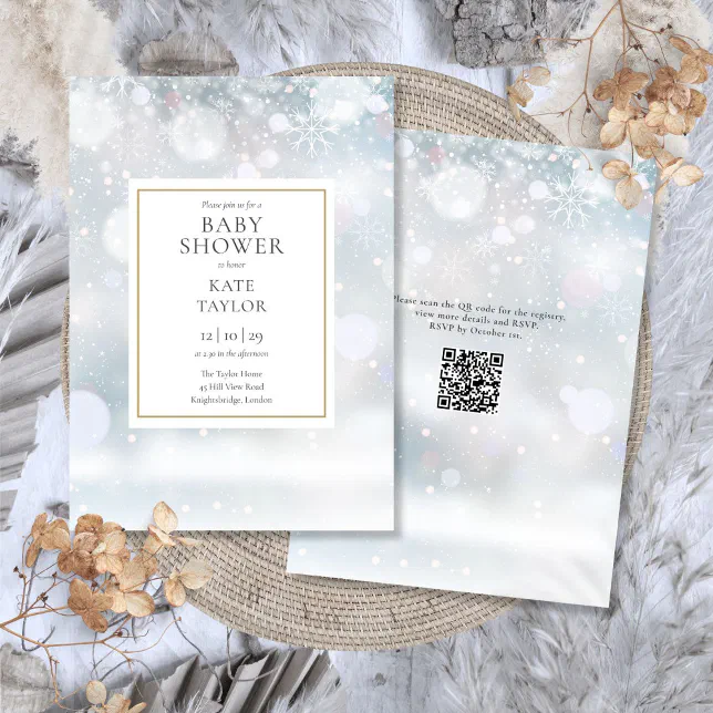 First Winter Snowflakes QR Code Baby Shower Invitation | Zazzle