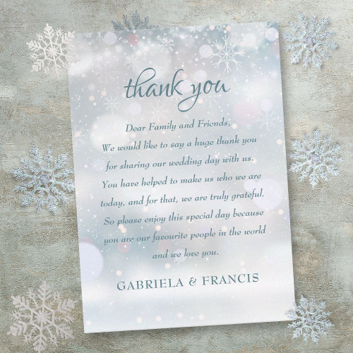 First Winter Snowflakes Wedding Thank You Place Card
