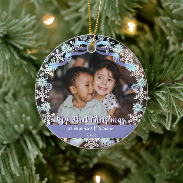 First Xmas Grandma Snowflakes Ribbon Light Blue Ceramic Ornament (Tree)