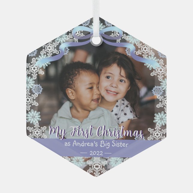 First Xmas Grandma Snowflakes Ribbon Light Blue  Glass Ornament (Front)