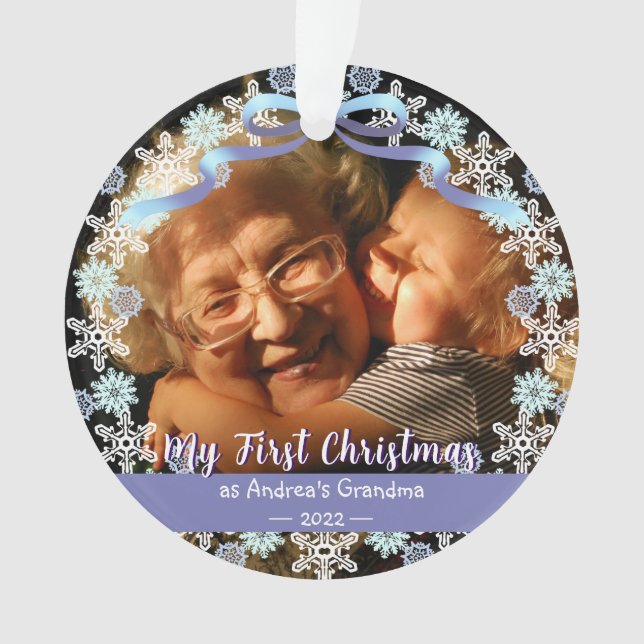 First Xmas Grandma Snowflakes Ribbon Light Blue Ornament (Front)