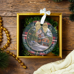 First XMax In Our New Home Red Green Plaid 2 Photo Ornament