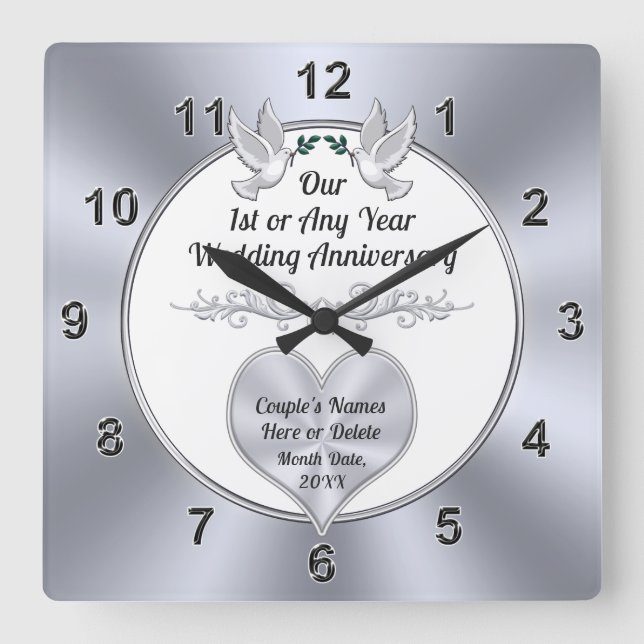 First Year Anniversary Gifts for Her, or ANY YEAR, Square Wall Clock (Front)