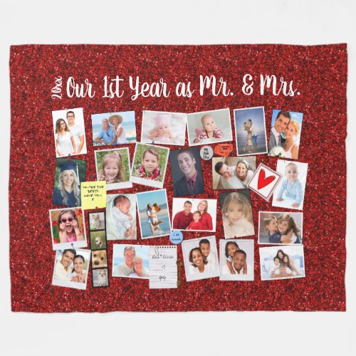 First Year Anniversary Photo Memories Red Glitter Fleece Blanket