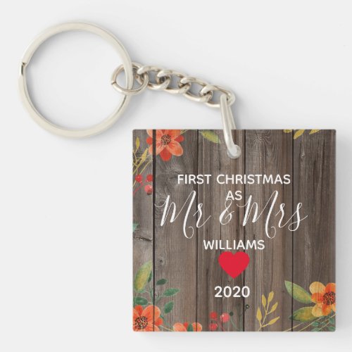 first year as Mr  Mrs happy photo couple wood Keychain