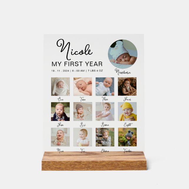 First Year Baby 12 Months Birthday Photo Collage Acrylic Sign (Front)
