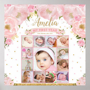 First Year Birthday Photo Milestone Collage Square Poster