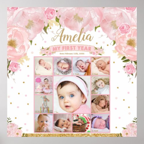 First Year Birthday Photo Milestone Collage Square Poster