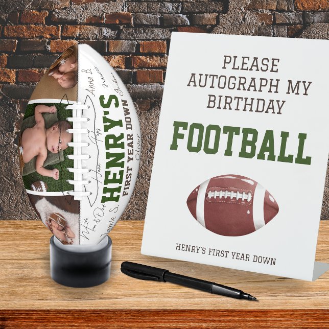 First Year Down Autograph my Birthday Football Pedestal Sign (1st birthday keepsake - Please autograph my birthday football)