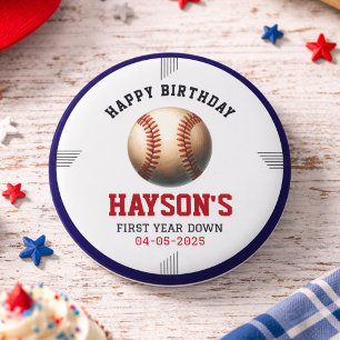 First Year Down Baseball 1st Birthday Party Button