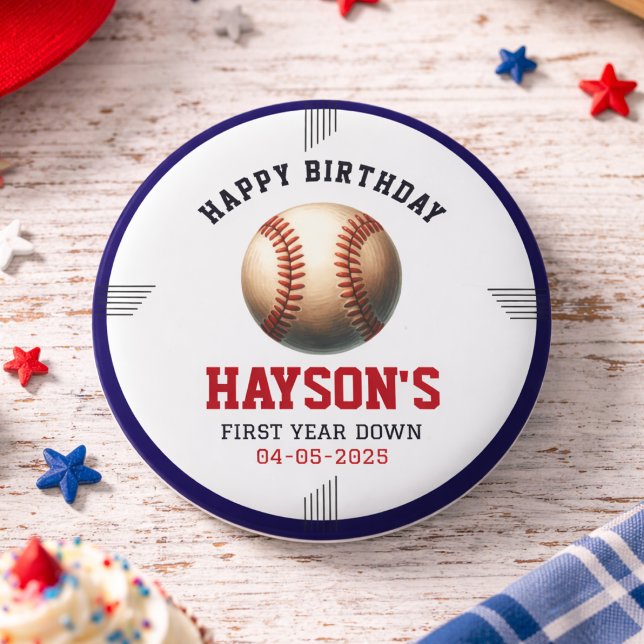 First Year Down Baseball 1st Birthday Party Button (First Year Down Baseball 1st Birthday Party Button)