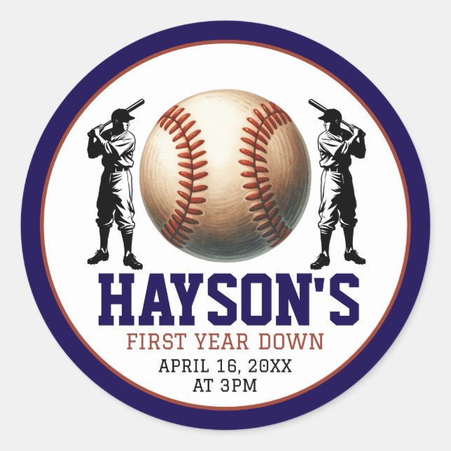 First Year Down Baseball 1st Birthday Party Classic Round Sticker (Front)