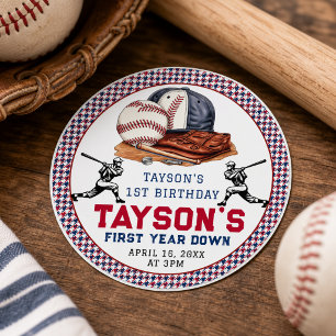 First Year Down Baseball 1st Birthday Party Classic Round Sticker