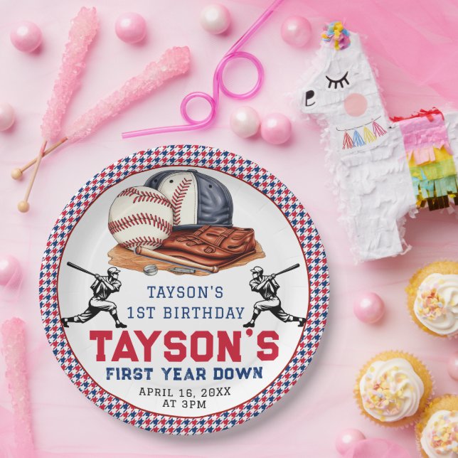 First Year Down Baseball 1st Birthday Party Paper Plates (Party)