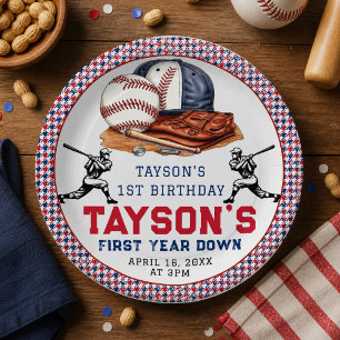 First Year Down Baseball 1st Birthday Party Paper Plates
