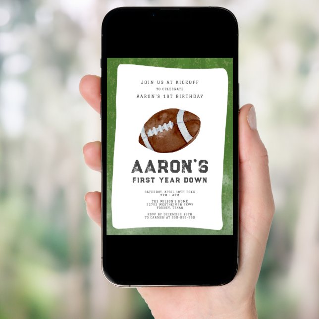 First Year Down Boy Football 1st Birthday Party Invitation (Front Digital)