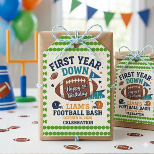 First Year Down Football 1st Birthday Gift Tags