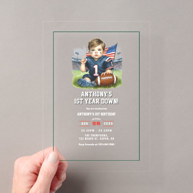 First Year Down Football 1st Birthday Party Acrylic Invitations (Insitu (Handheld))