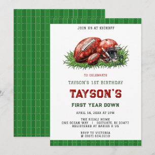 First Year Down Football 1st Birthday Party Invitation