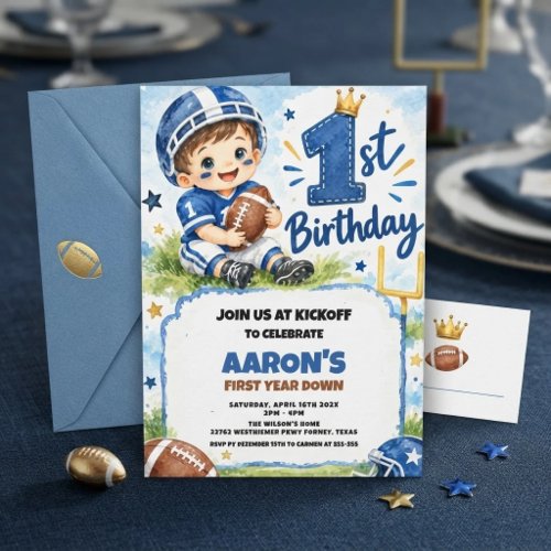 First Year Down Football 1st Birthday Party  Invitation