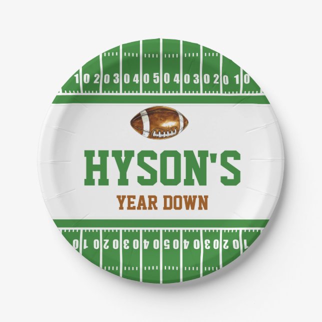 First Year Down | Football 1st Birthday Party Paper Plates (Front)