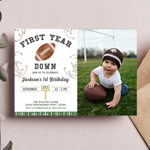 First Year Down Football 1st Birthday Party Photo Invitation