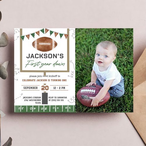 First Year Down Football 1st Birthday Party Photo Invitation