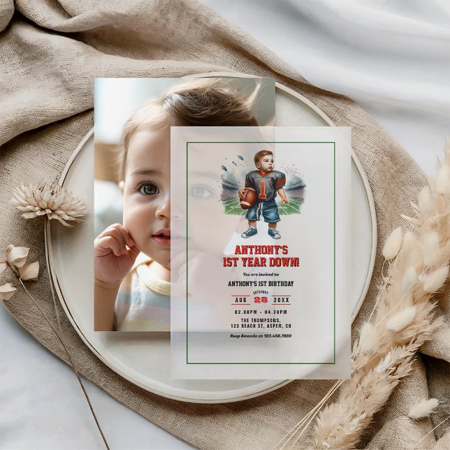 First Year Down Football 1st Birthday Party Vellum Invitations (First Year Down Football 1st Birthday Party Vellum Invitations)