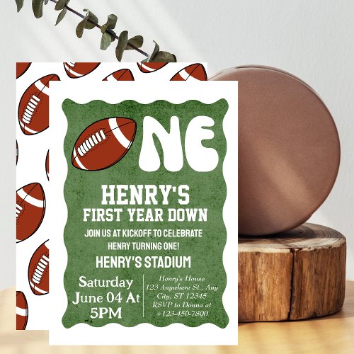 First Year Down Football 1st Birthday Party Wavy Invitation
