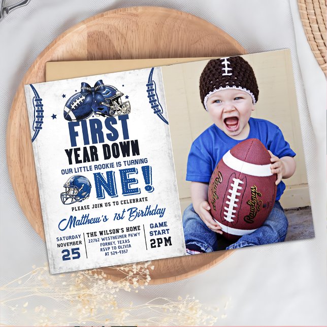 First Year Down Football 1st Birthday Photo Invitation (Creator Uploaded)
