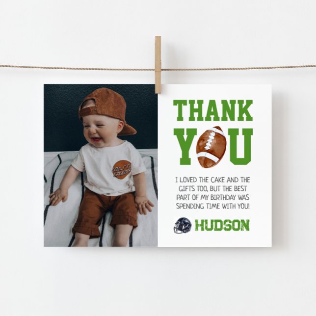First Year Down Football 1st Birthday Photo Thank You Card (Creator Uploaded)