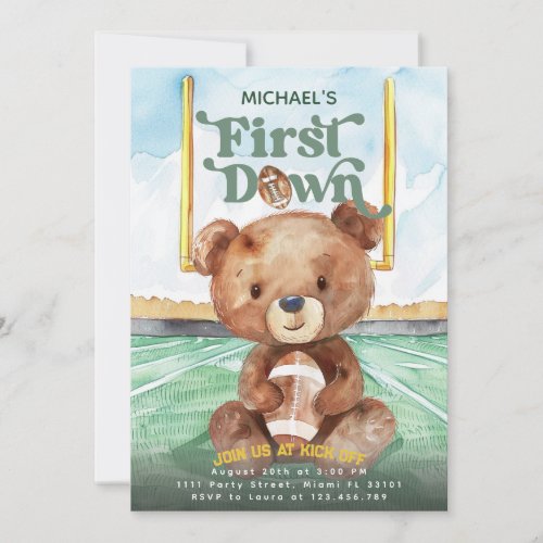 First Year Down Football Bear 1st Birthday Invitation